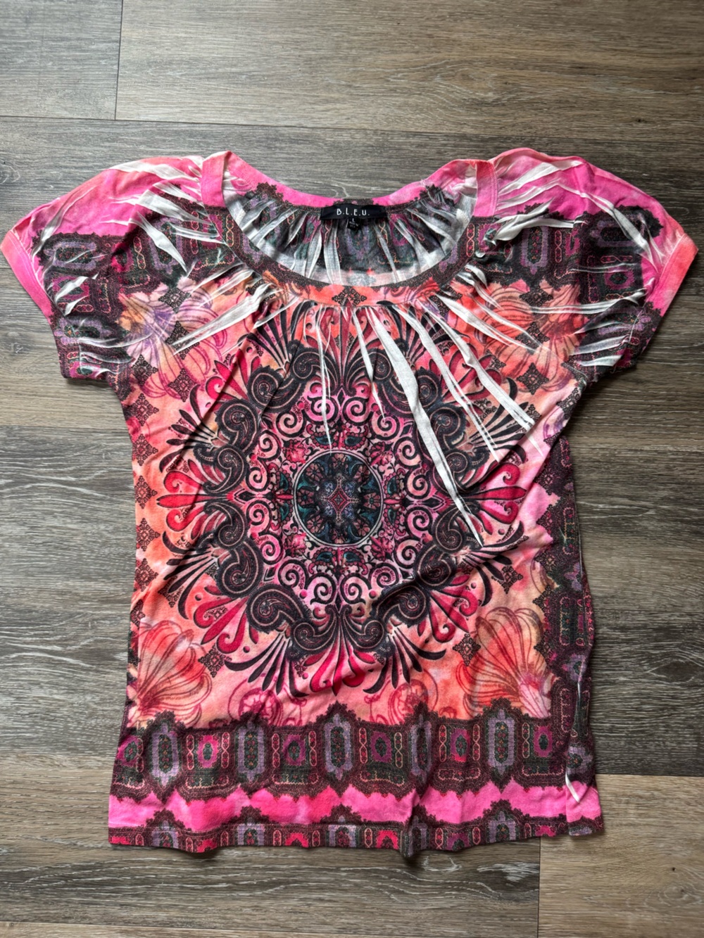 B.L.E.U. Pink and Coral Embellished Medallion Short Sleeve Top